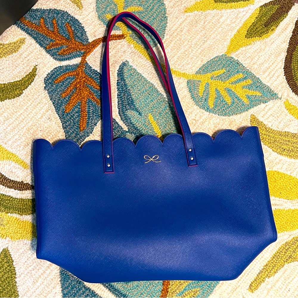 Brand New Violet Blue with Pink Interior Faux Leather Tote. Zip Closure.